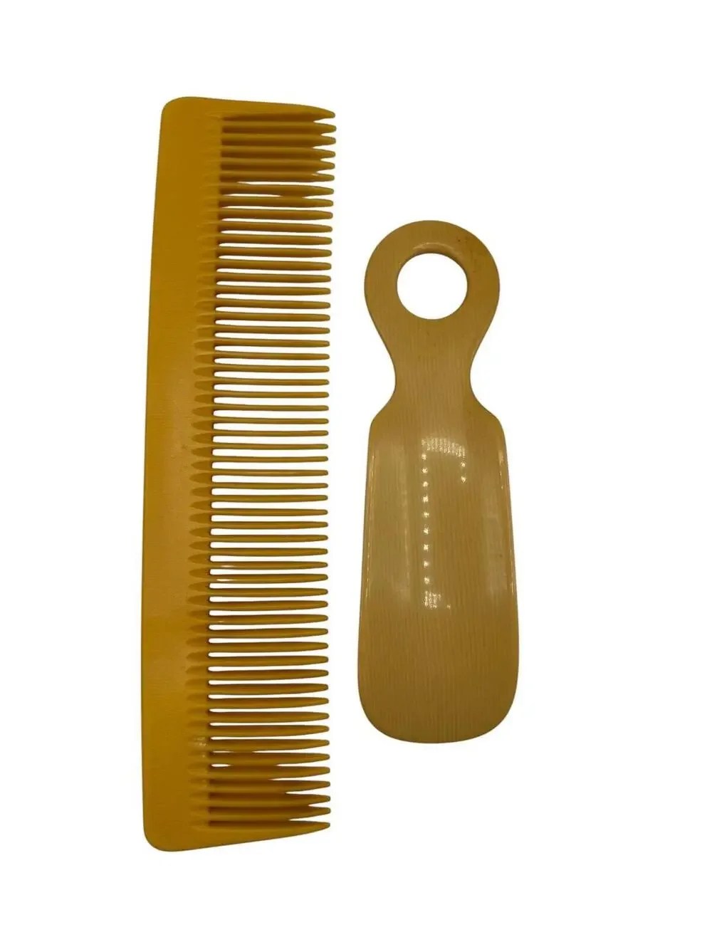 Vintage Yellow Celluloid Shoehorn and Hair Comb Set, Vanity Decor